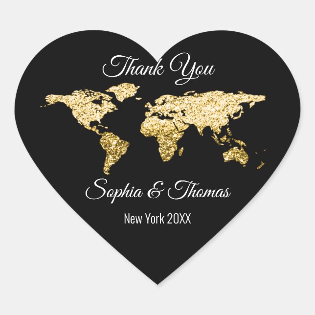 Sticker Cœur Merci Mariage Golden World Destination Carte Coeur (Devant)