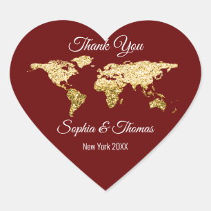 Sticker Cœur Merci Mariage Golden World Destination Carte Maroo