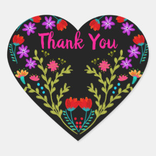 Sticker Cœur Merci mexicain Fleurs Fiesta Quinceanera Noir