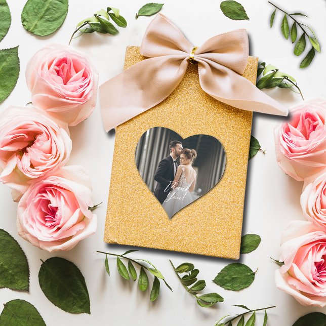 Sticker Cœur Merci photo mariage (Small 1-1/2" heart-shaped photo sticker.)