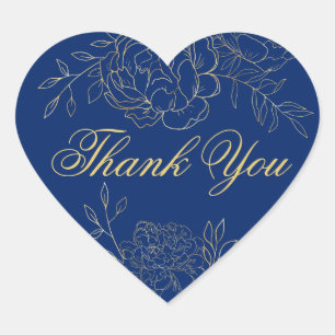 Sticker Cœur Merci Script Royal Blue Gold Fleurs Outline