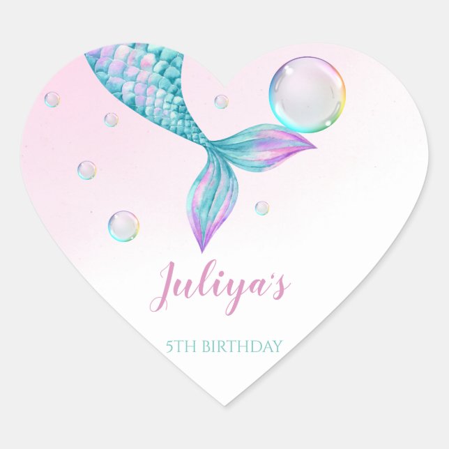 Sticker Cœur Mermaid Queue avec bulles Anniversaire (Devant)