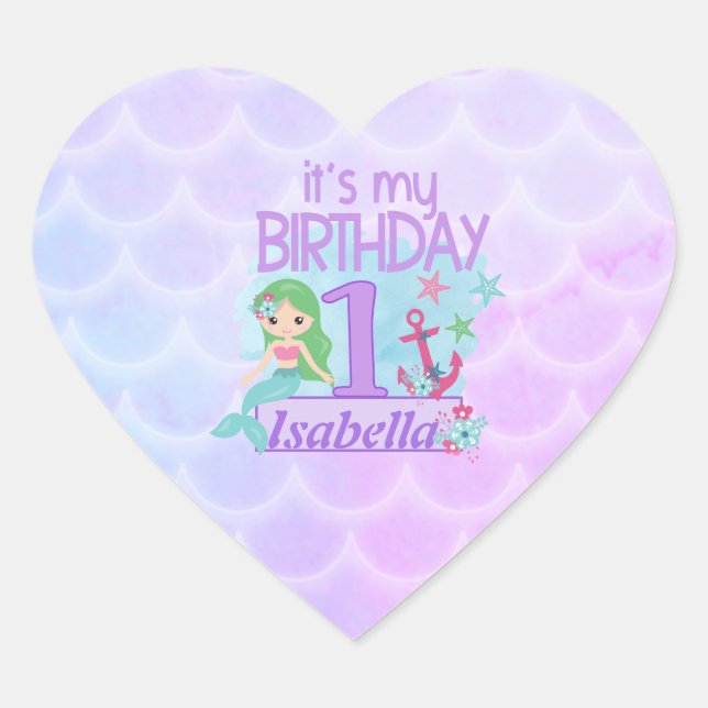 Sticker Cœur Mermaid thème 1er anniversaire (Devant)