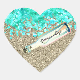 Sticker Cœur Message dans une bouteille plage sable mer vagues