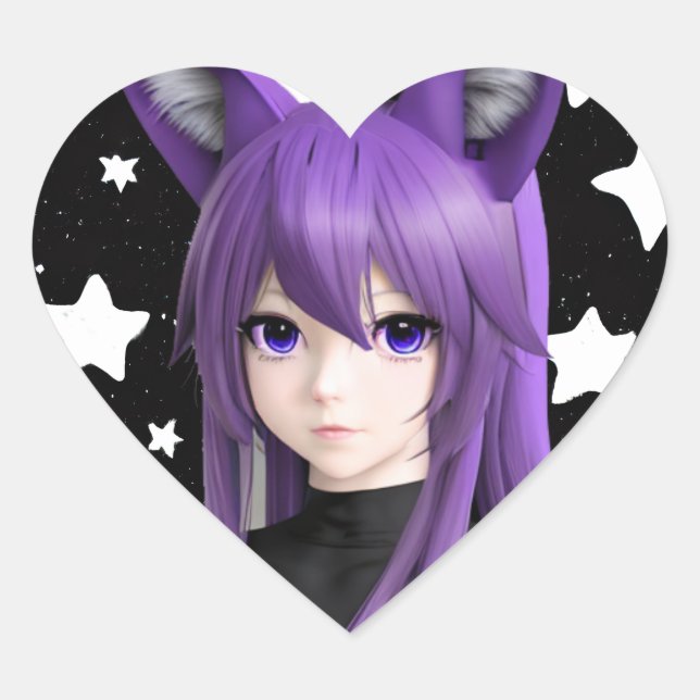 Sticker Cœur Mignonne fille Anime avec des oreilles Fox (Devant)