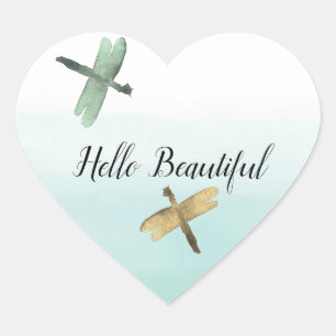 Sticker Cœur Mint Gold Dragonlies Ombre Aquarelle