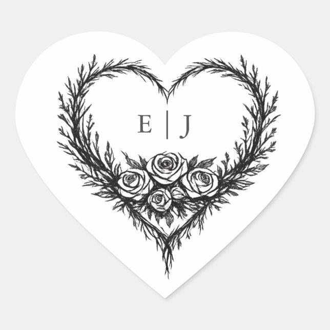 Sticker Cœur Modern Black White Hand drawn Floral Wedding (Devant)