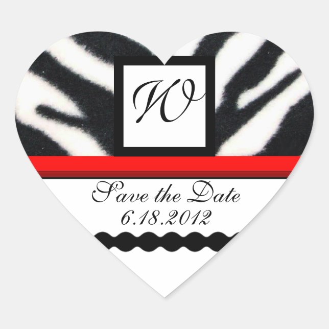 Sticker Cœur MONOGRAMME DE FOURRURE ZEBRA BLANC ROUGE, Enregist (Devant)
