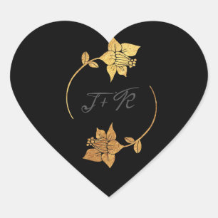 Sticker Cœur Monogramme gris noir Fleurs d'or minimal initial