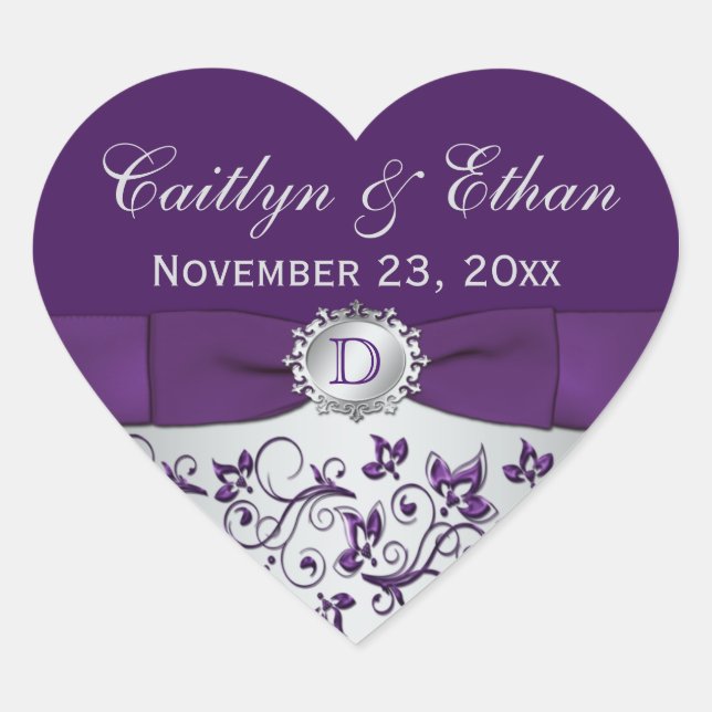 Sticker Cœur Monogramme Gris violet Floral Mariage Favor Sticke (Devant)
