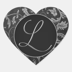 Sticker Cœur Monogramme L Silver et phoque Mariage damassé noir