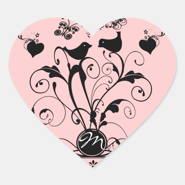 Sticker Cœur Monogramme Oiseaux Mariages Coeurs Éclosions (Devant)
