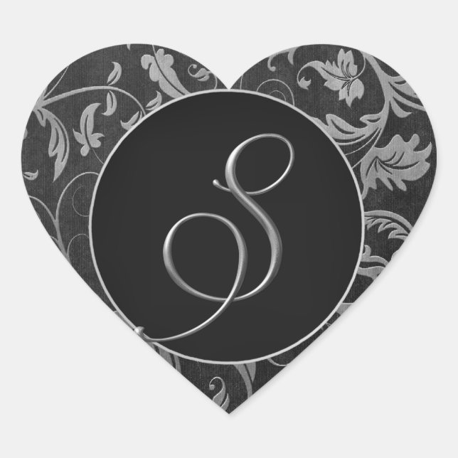 Sticker Cœur Monogramme S Silver et Black Mariage damassé Seal (Devant)