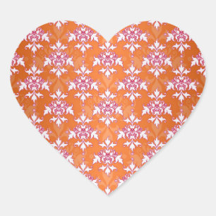 Sticker Cœur Motif damassé orange blanc rose