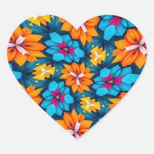 Sticker Cœur Motif de fleurs bleues et orange