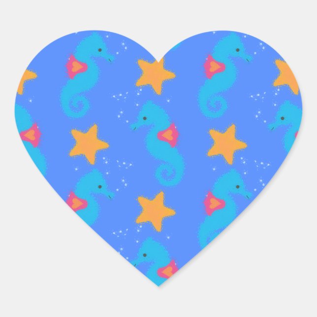 Sticker Cœur Motif De Seahores Bleues Et De Starfish (Devant)