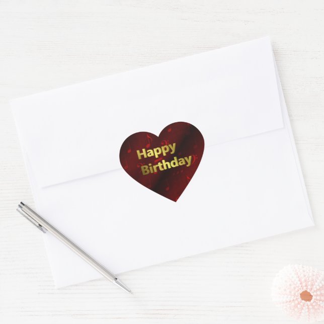 Sticker Cœur musique notes heureux anniversaire or en rouge (Enveloppe)