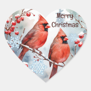 Sticker Cœur Noël, hiver Cardinal Red Bird Berries Forest