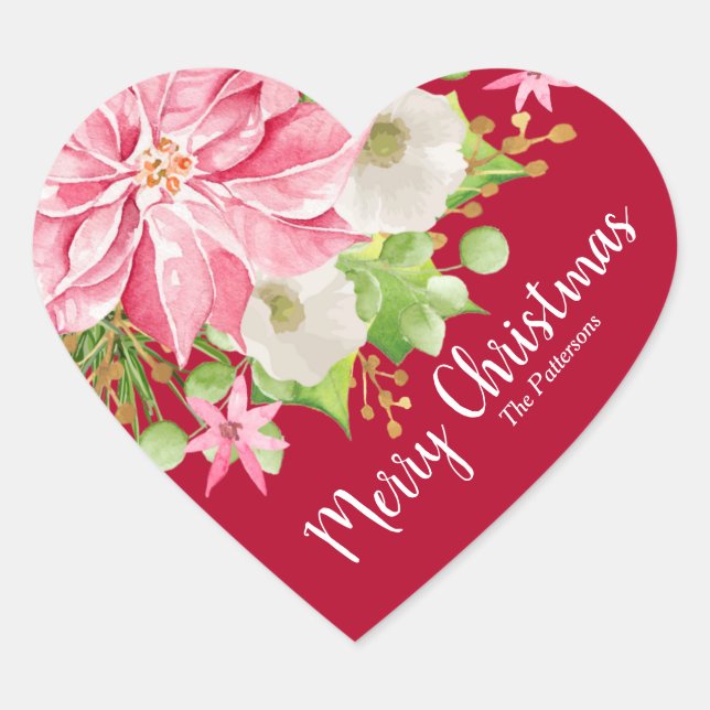 Sticker Cœur Noël Poinsettia Floral Rouge Fête (Devant)