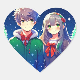 Sticker Cœur Noël romantique d'Anime Couple
