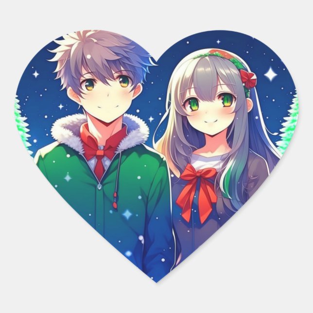Sticker Cœur Noël romantique d'Anime Couple (Devant)