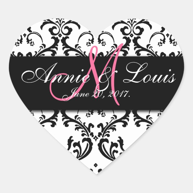 Sticker Cœur Noir Damask rose Premier mariage Faveur (Devant)
