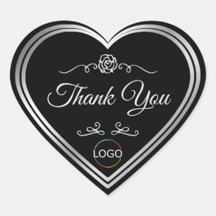 Sticker Cœur Noir foncé avec cadre et logo argentés Merci