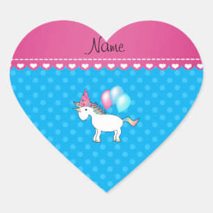 Sticker Cœur Nom personnalisé unicorne bleu pois