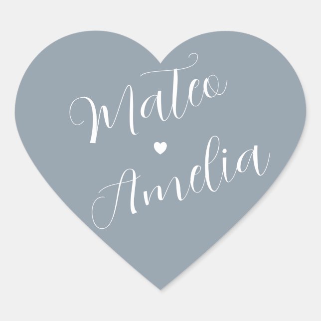 Sticker Cœur Noms des mariés bleu poussiéreux sur le mariage (Devant)