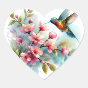 Sticker Cœur OEuvre florale/printanière de colibri