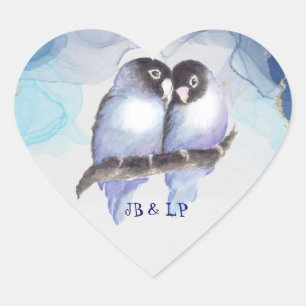 Sticker Cœur Oiseaux d'or bleu, Monogramme de coeur d'oiseaux
