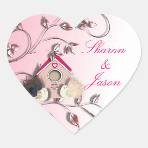 Sticker Cœur Oiseaux mignons Fleurs de maison d'oiseaux rose