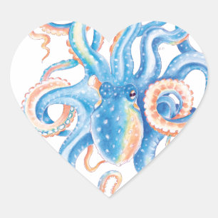 Sticker Cœur Otopus bleu aquarelle