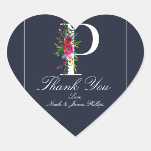 Sticker Cœur P Monogramme Initiale Moderne Fleurs Bleues Mariag