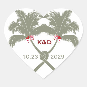 Sticker Cœur Palmiers noués Red Love Plage tropicale Mariage