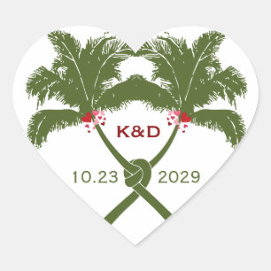 Sticker Cœur Palmiers noués Red Love Plage tropicale Mariage
