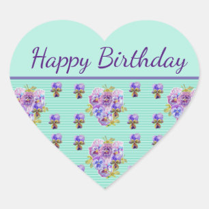 Sticker Cœur Pansy Flower Aqua Stripe floral maman Joyeux anniv