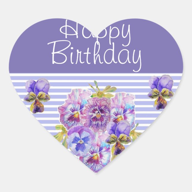 Sticker Cœur Pansy Flower Purple Stripe floral Joyeux anniversa (Devant)