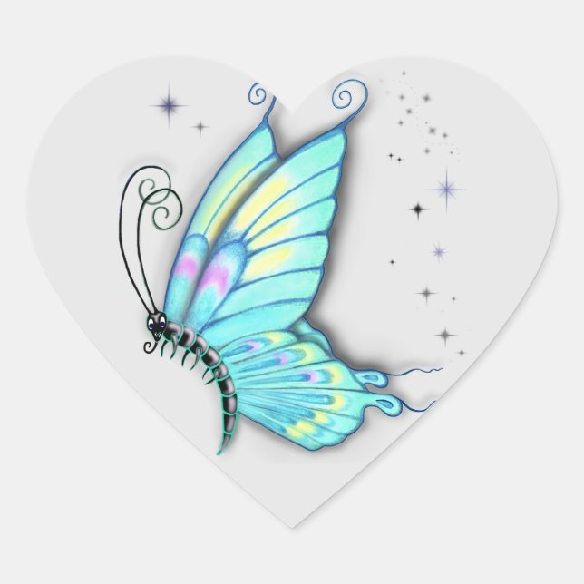 Sticker Cœur Papillon bleu et étoiles (Devant)