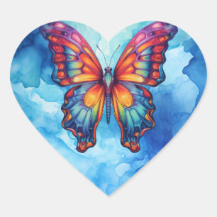 Sticker Cœur Papillon Bleu Orange ailes