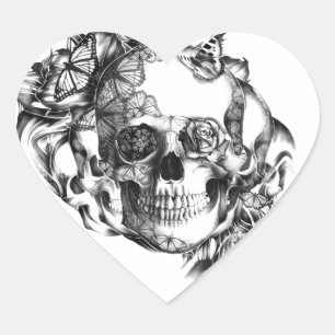 Sticker Cœur Papillon Rose Crâne à la main illustration