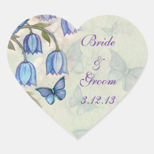 Sticker Cœur Papillons aquarelle et mariage Fleurs Bleues