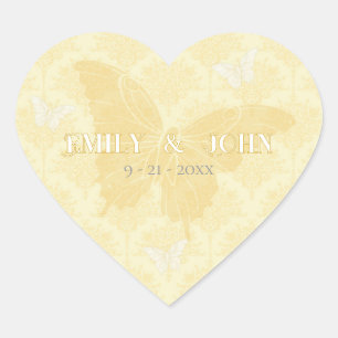 Sticker Cœur Papillons de mariage jaunes et blancs de campagne