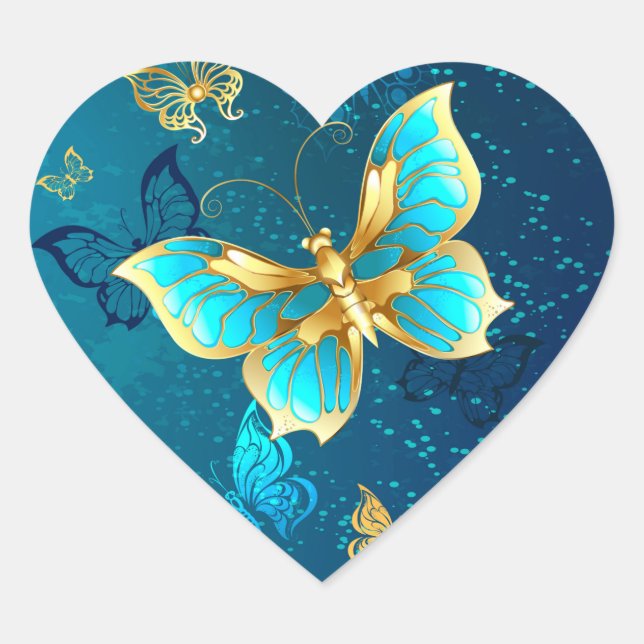 Sticker Cœur Papillons d'or sur un Arrière - plan bleu (Devant)