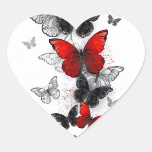 Sticker Cœur Papillons noirs et rouges volants