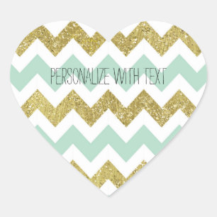 Sticker Cœur Parties scintillant Chevron Mint et Gold Faux