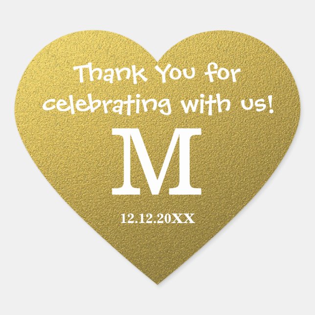 Sticker Cœur Parties scintillant d'or Mariage Merci Monogramme (Devant)