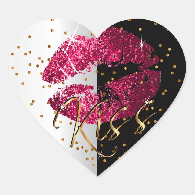 Sticker Cœur Parties scintillant Kiss rose et or lèvres (Devant)
