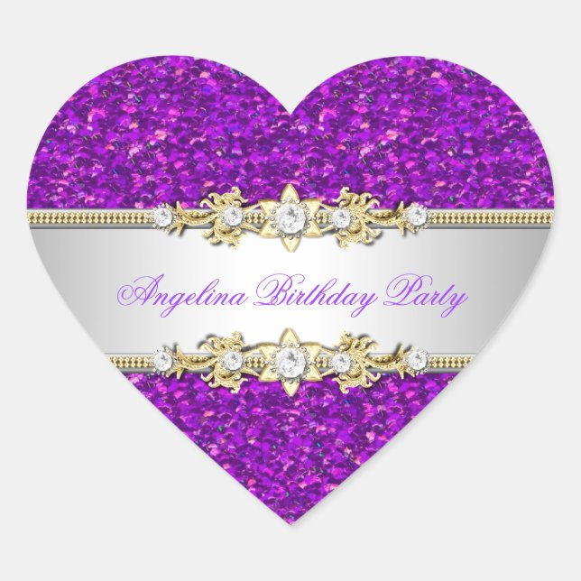 Sticker Cœur Parties scintillant violet fête d'anniversaire Gol (Devant)