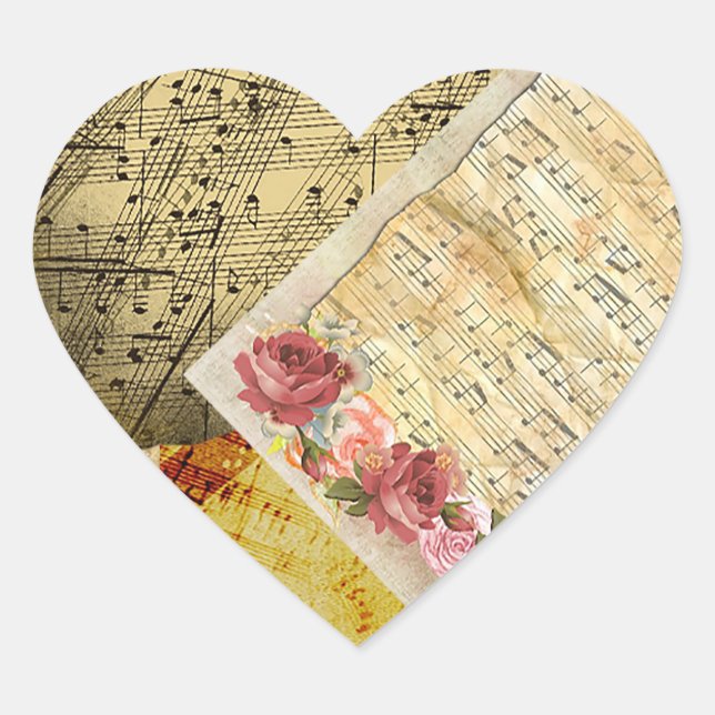 Sticker Cœur Partitions de notes de musique et roses (Devant)